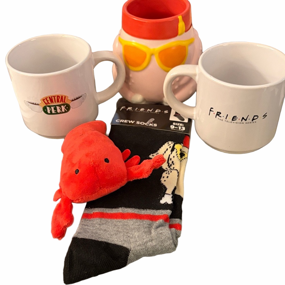NWT Friends Bundle three mugs, pair of socks, lobster, tote bag.